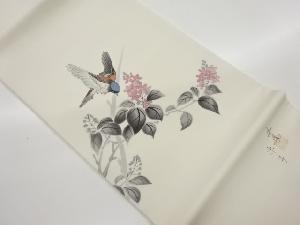 作家物　塩瀬手描き枝葉に花・雀模様開き名古屋帯（額縁仕立て）